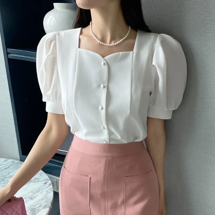 I AM MARI  |Plain Short Sleeves Office Style Puff Sleeves Formal Style