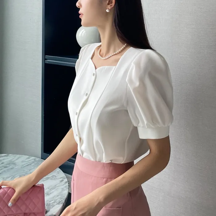 I AM MARI  |Plain Short Sleeves Office Style Puff Sleeves Formal Style