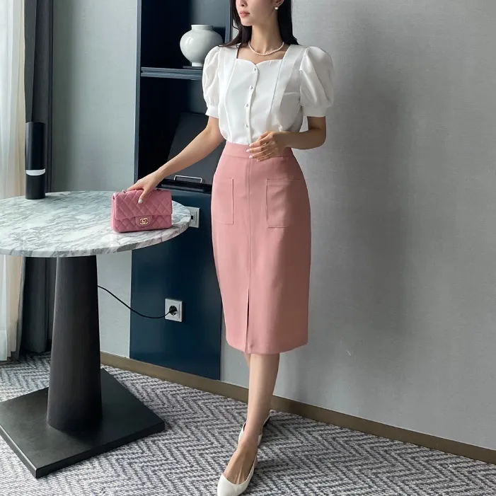 I AM MARI  |Plain Short Sleeves Office Style Puff Sleeves Formal Style