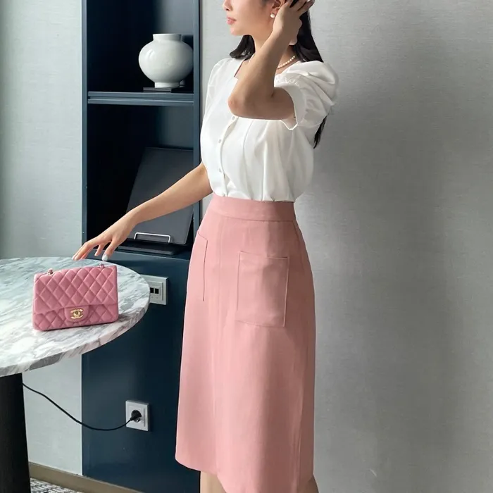 I AM MARI  |Plain Short Sleeves Office Style Puff Sleeves Formal Style