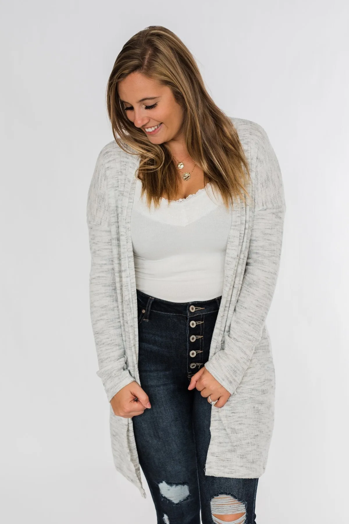 In Sync With You Lightweight Cardigan- Light Heather Grey