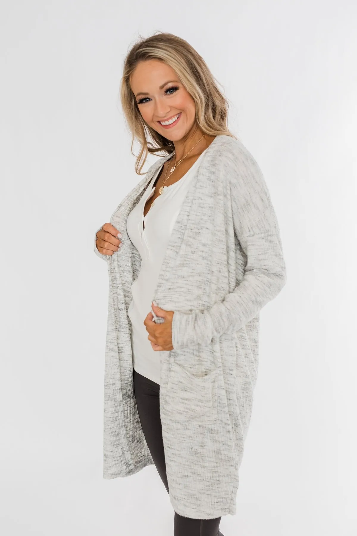 In Sync With You Lightweight Cardigan- Light Heather Grey