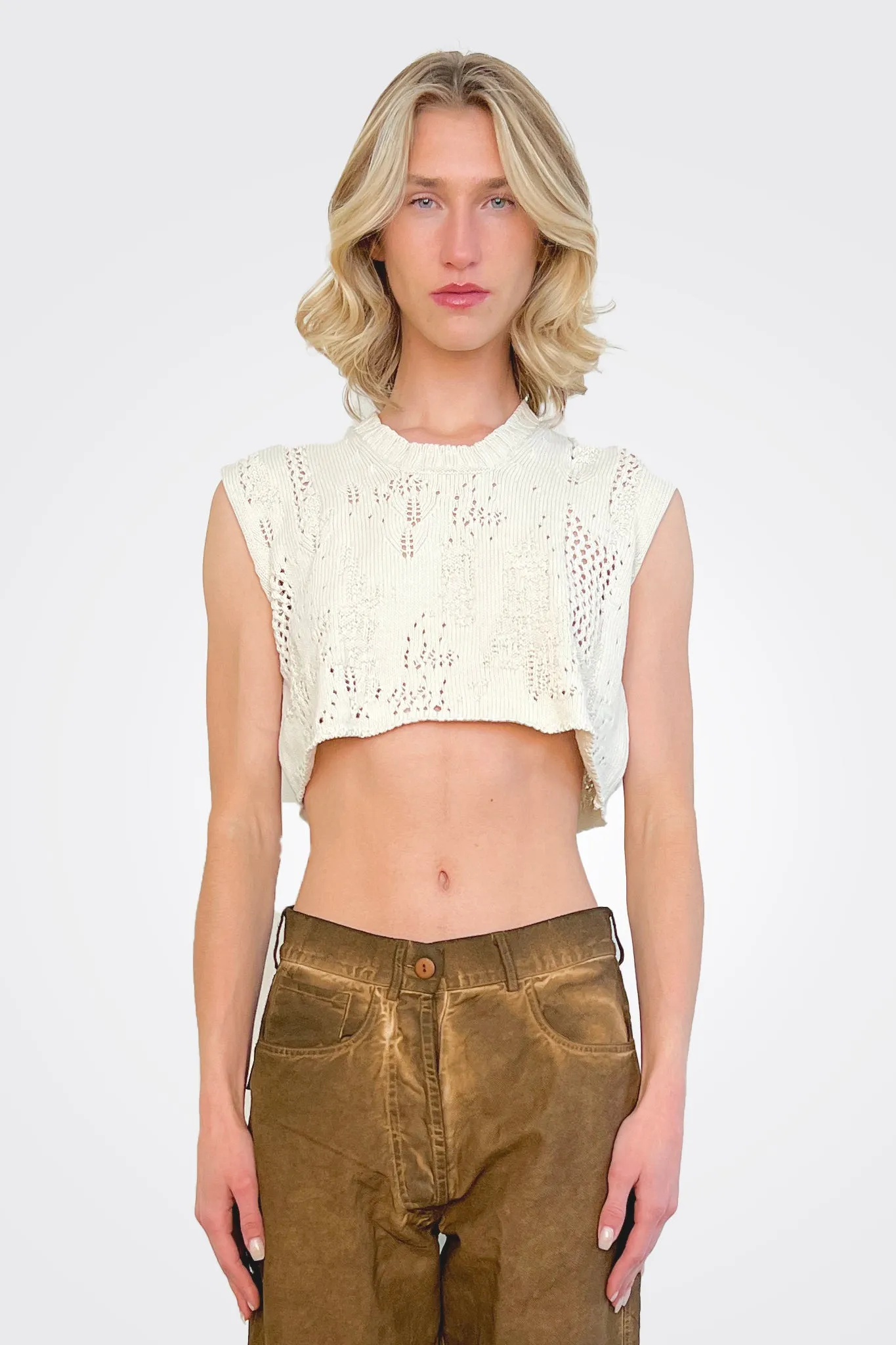 Knit Cropped Sweater Tank - Natural White