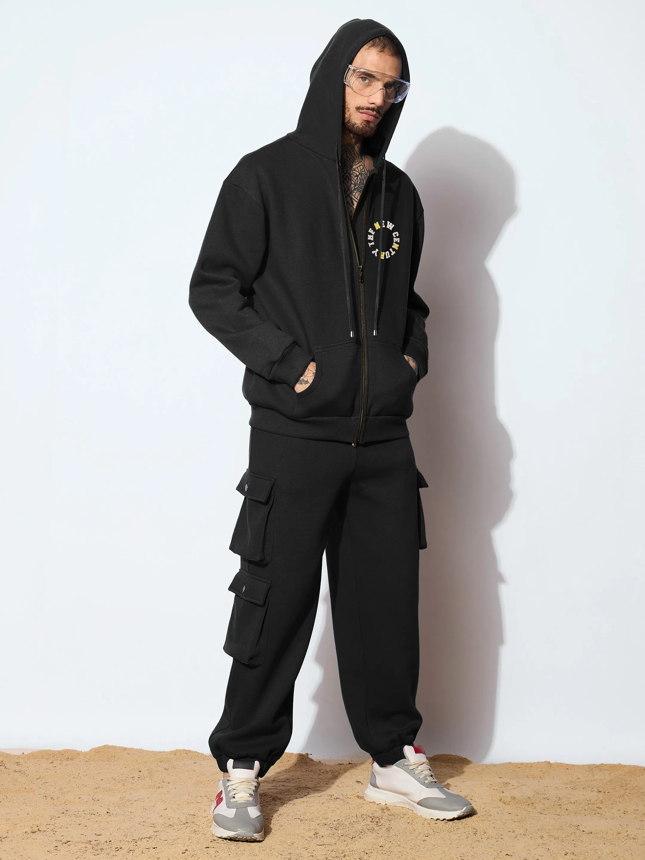 Men Black CENTURY Oversized Zipper Hoodie with Cargo Joggers