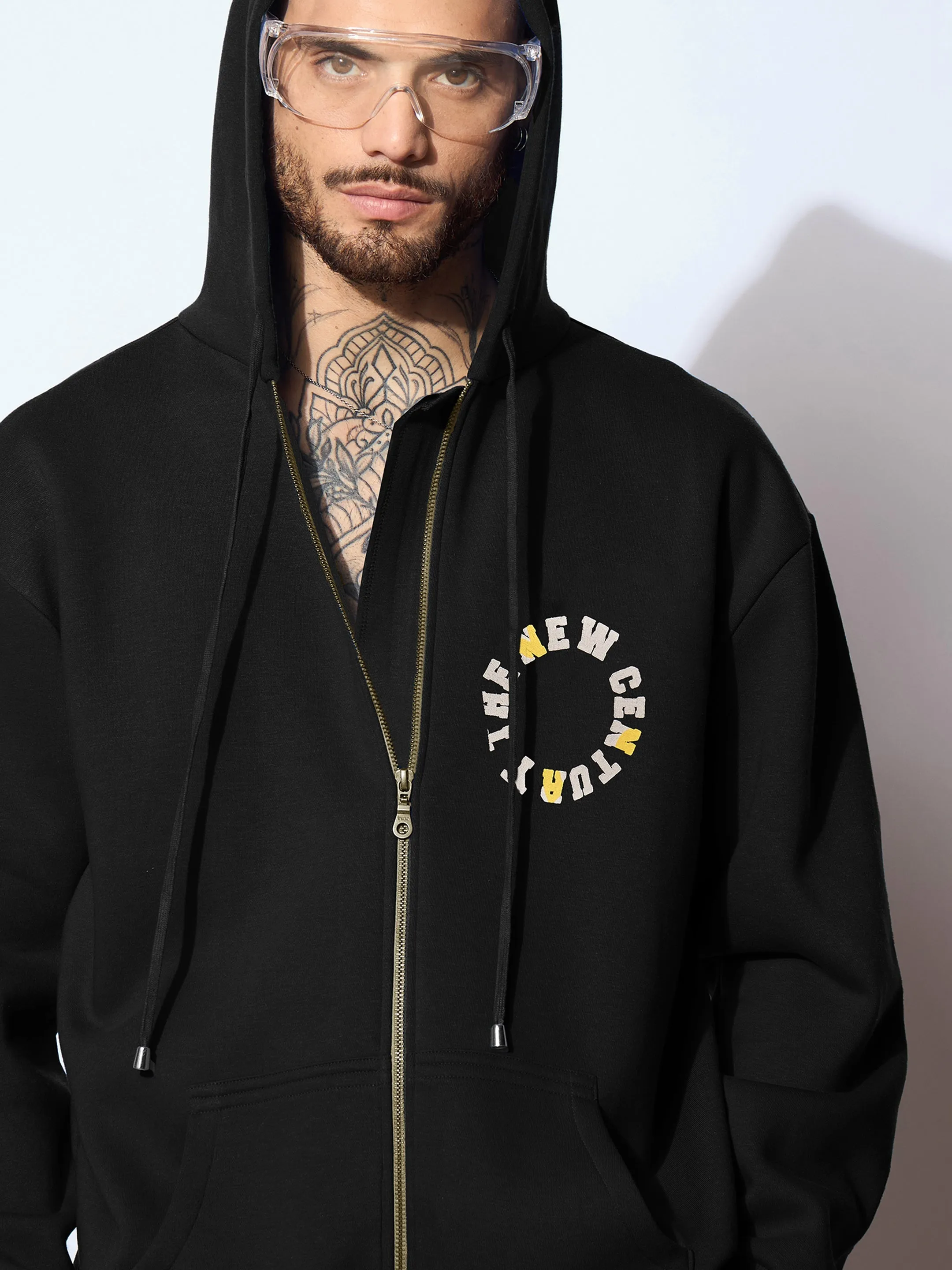 Men Black CENTURY Oversized Zipper Hoodie with Cargo Joggers