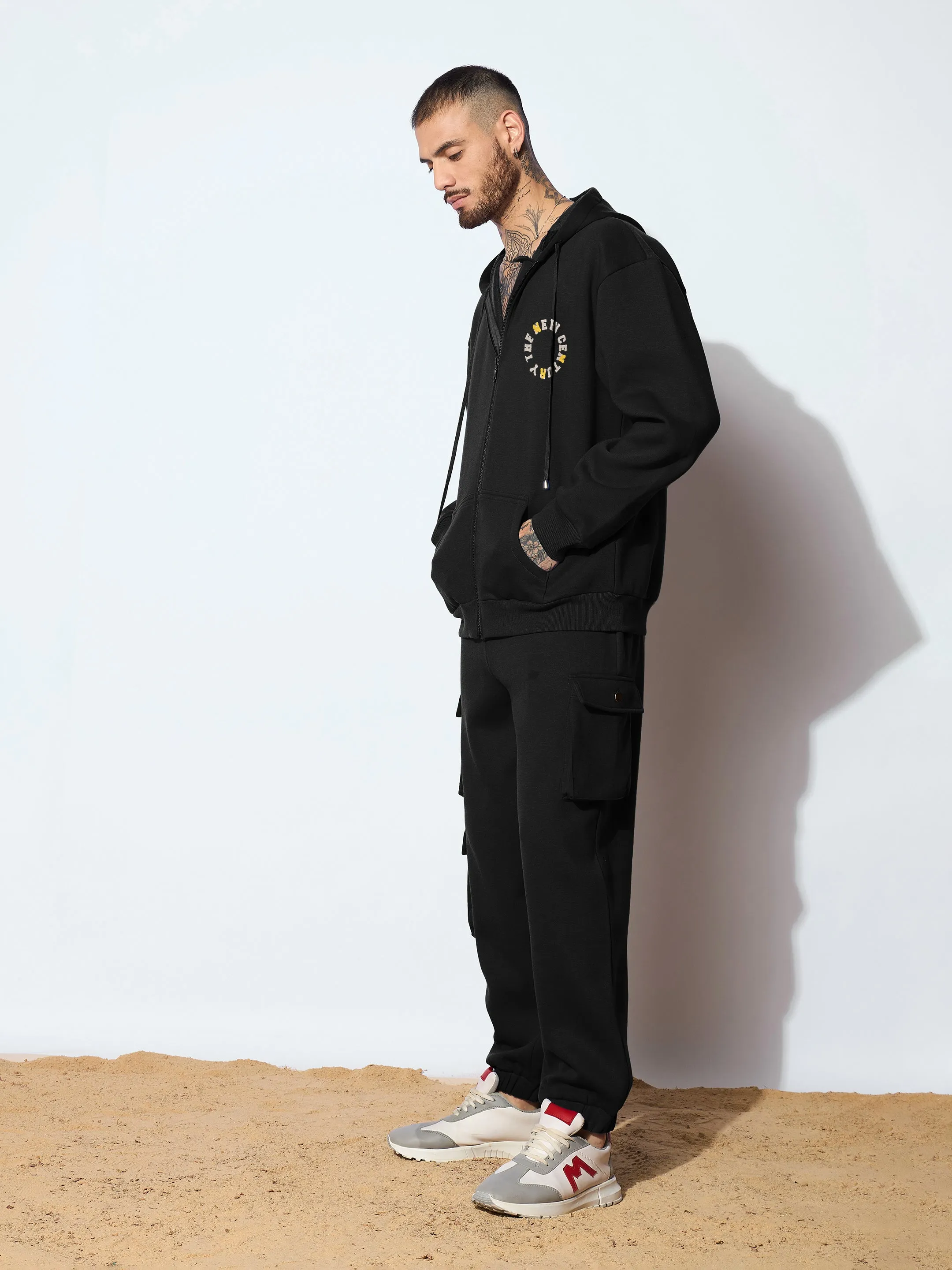 Men Black CENTURY Oversized Zipper Hoodie with Cargo Joggers