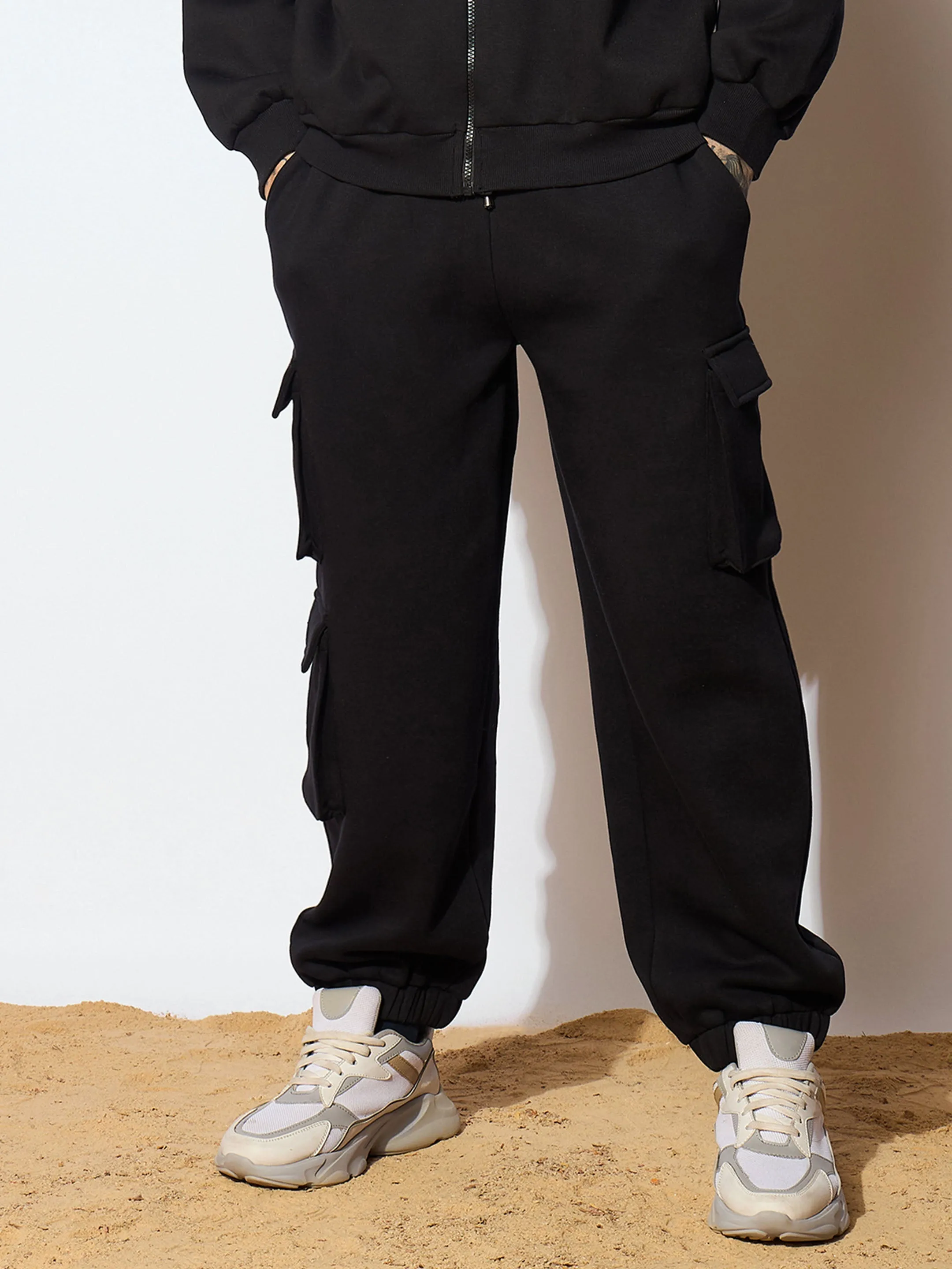 Men Black CENTURY Oversized Zipper Hoodie with Cargo Joggers