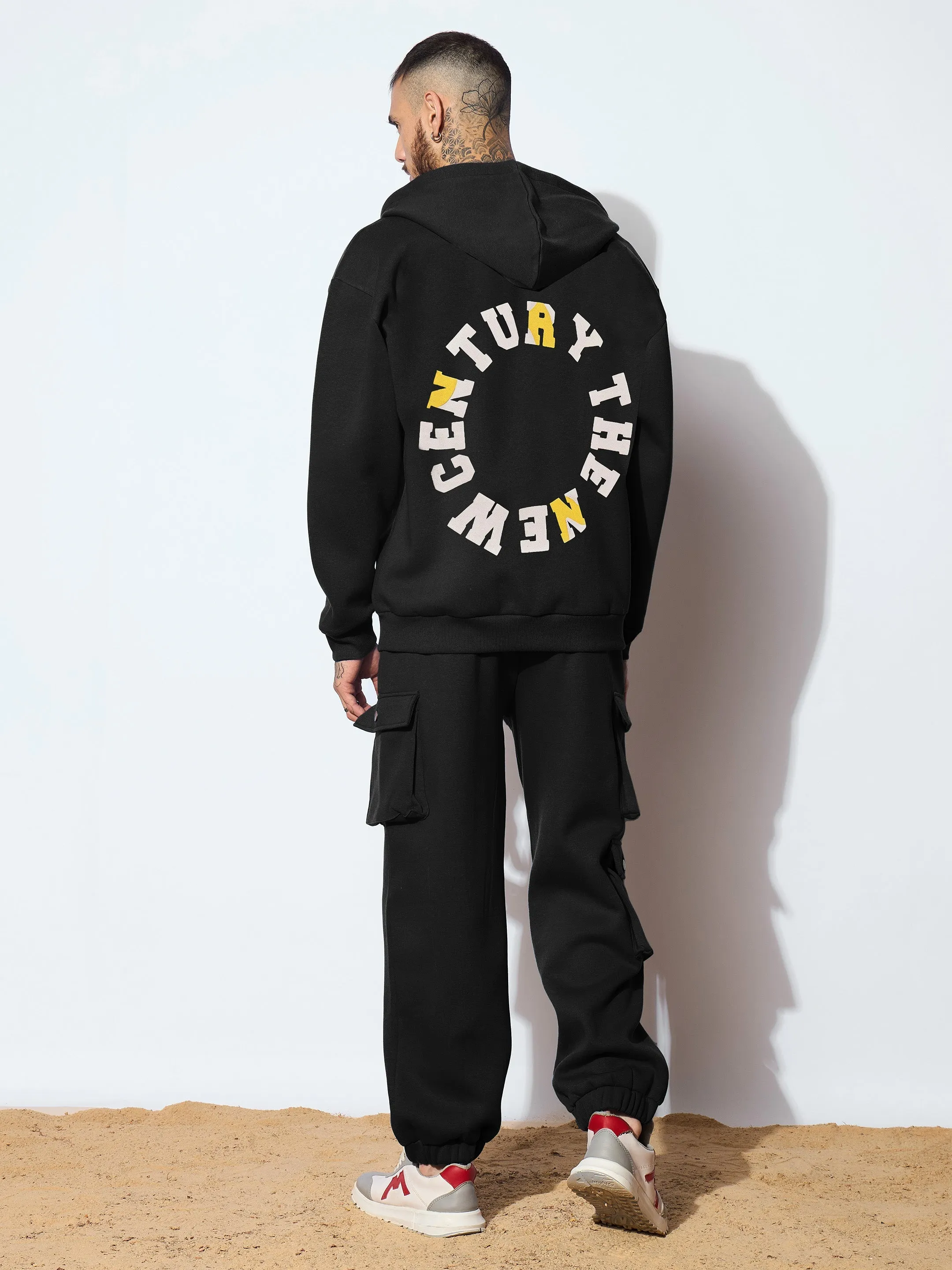 Men Black CENTURY Oversized Zipper Hoodie with Cargo Joggers