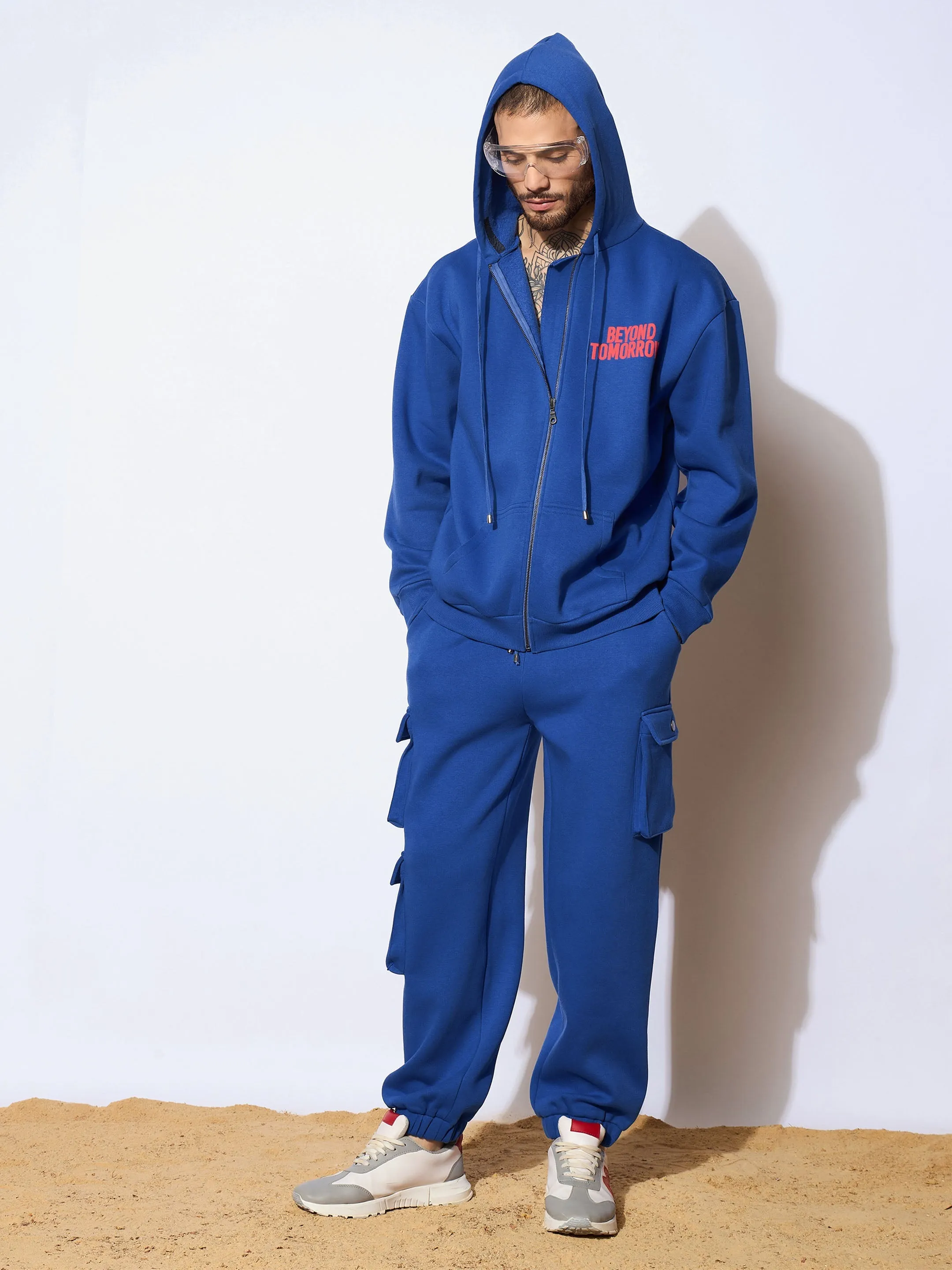 Men Blue BEYOND TOMORROW Oversized Zipper Hoodie with Joggers