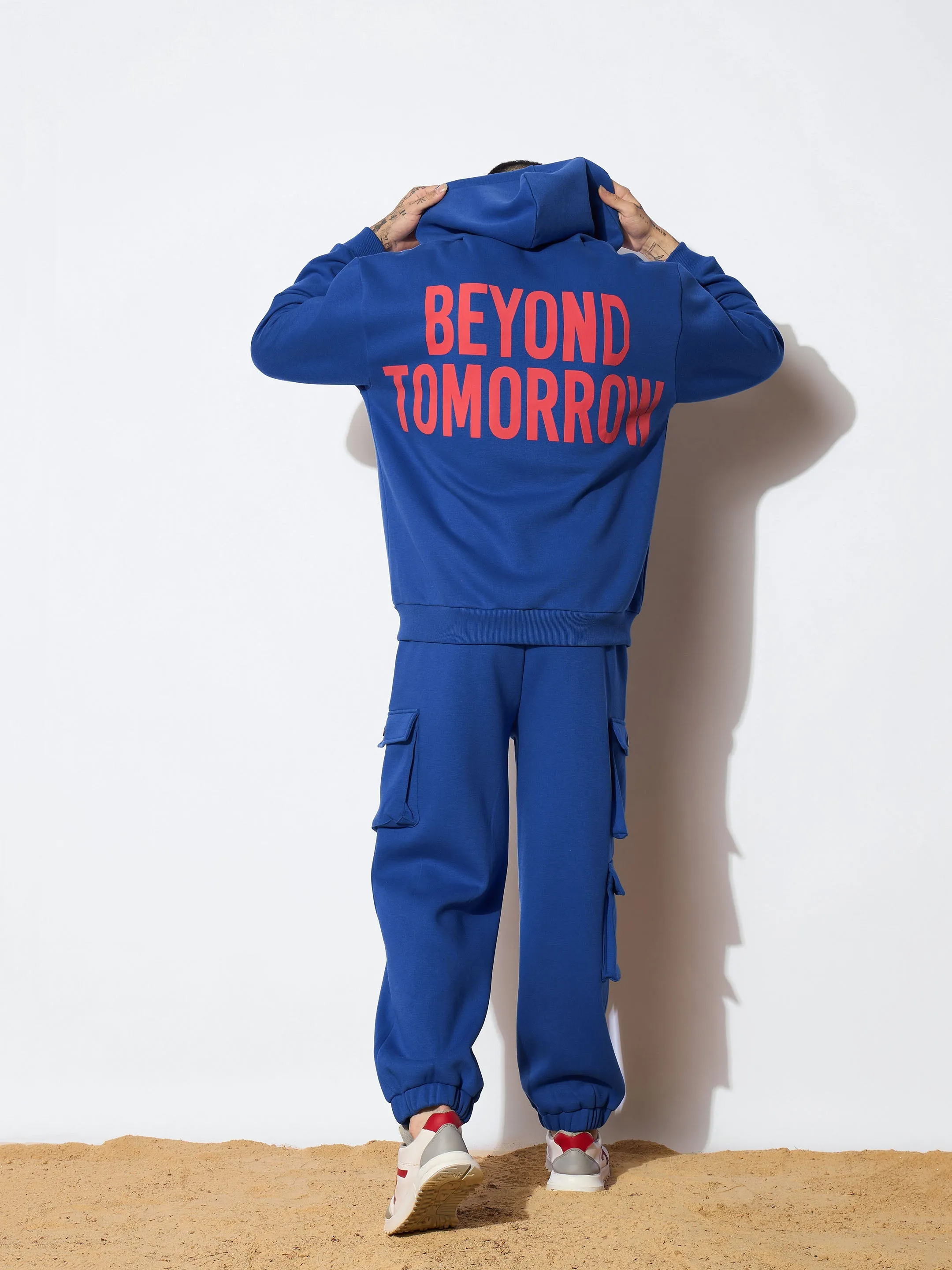 Men Blue BEYOND TOMORROW Oversized Zipper Hoodie with Joggers