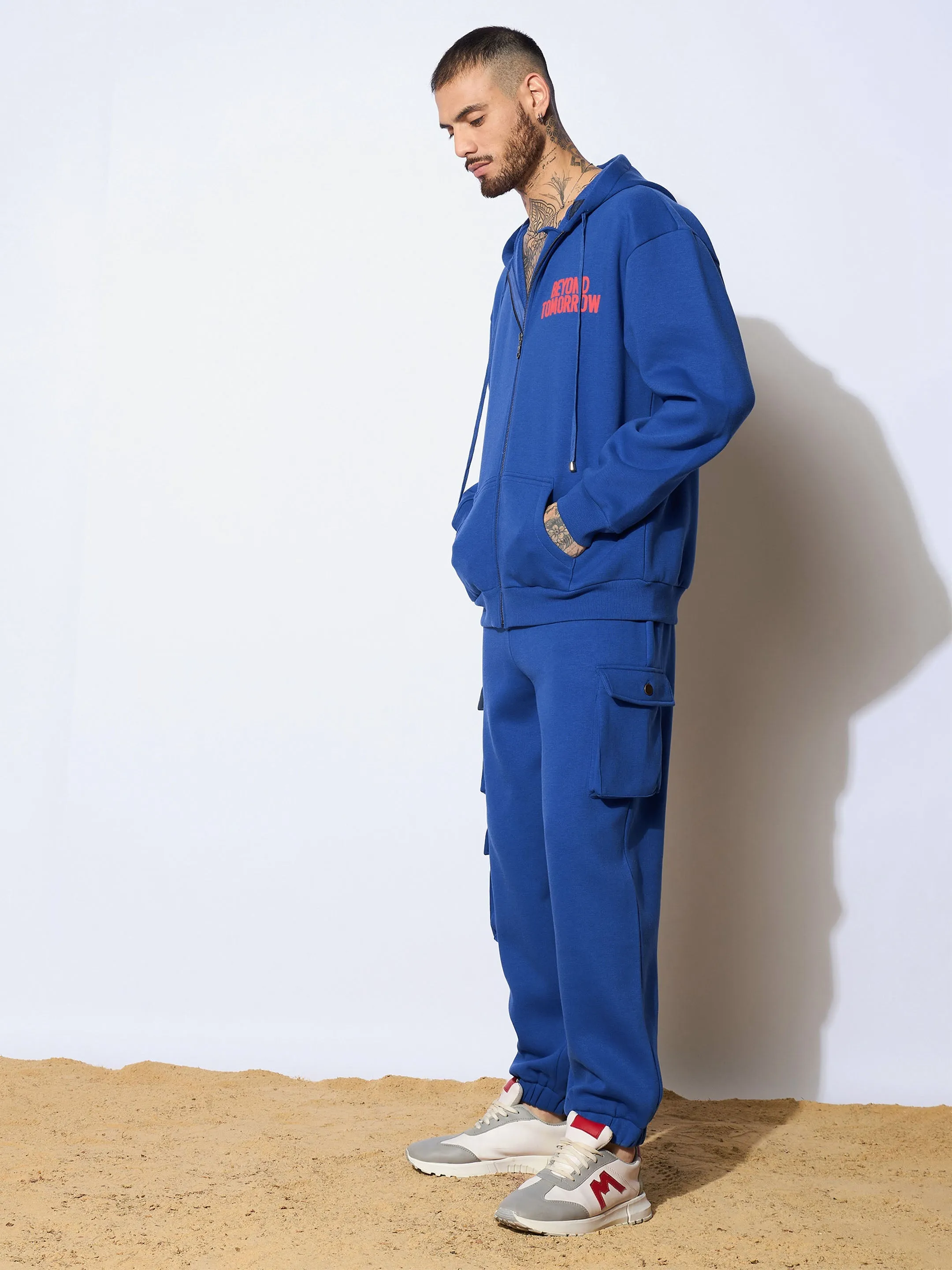 Men Blue BEYOND TOMORROW Oversized Zipper Hoodie with Joggers