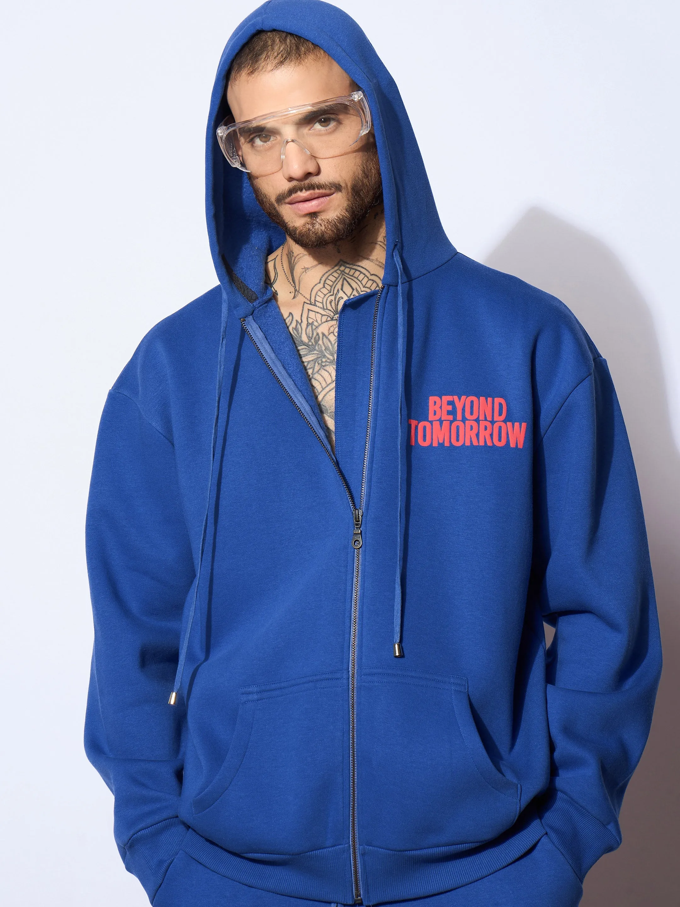 Men Blue BEYOND TOMORROW Oversized Zipper Hoodie with Joggers