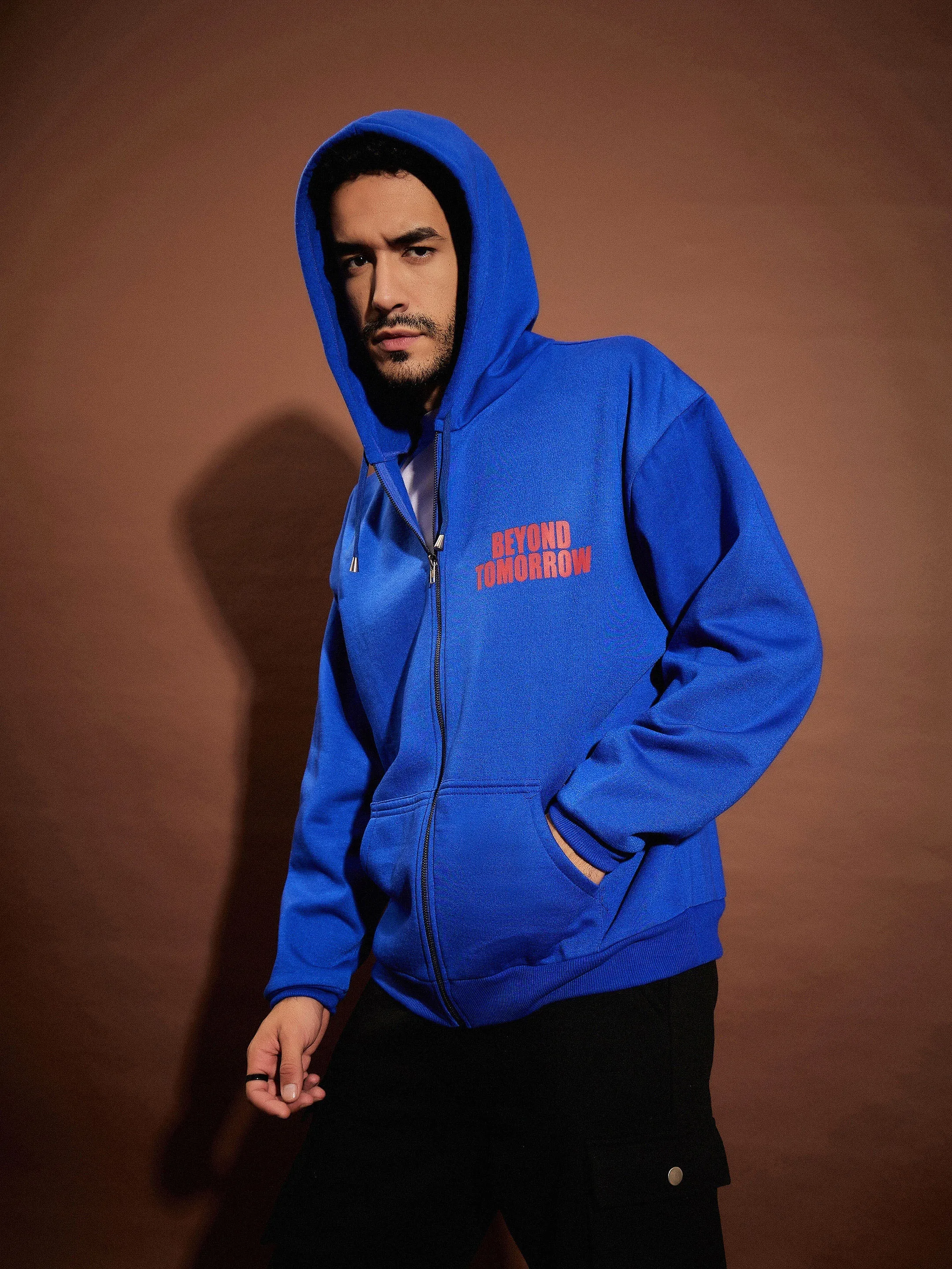 Men Blue BEYOND TOMORROW Oversized Zipper Hoodie