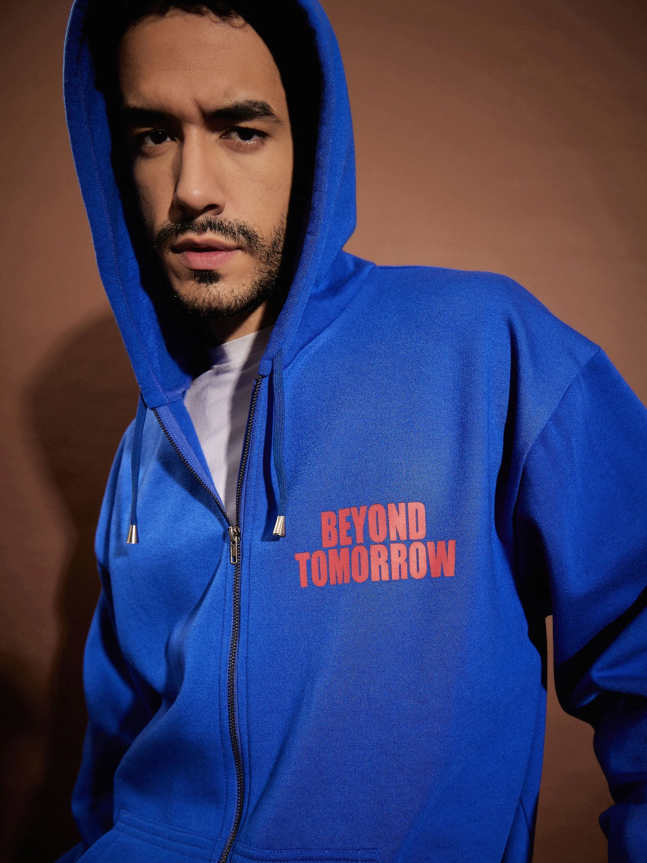 Men Blue BEYOND TOMORROW Oversized Zipper Hoodie