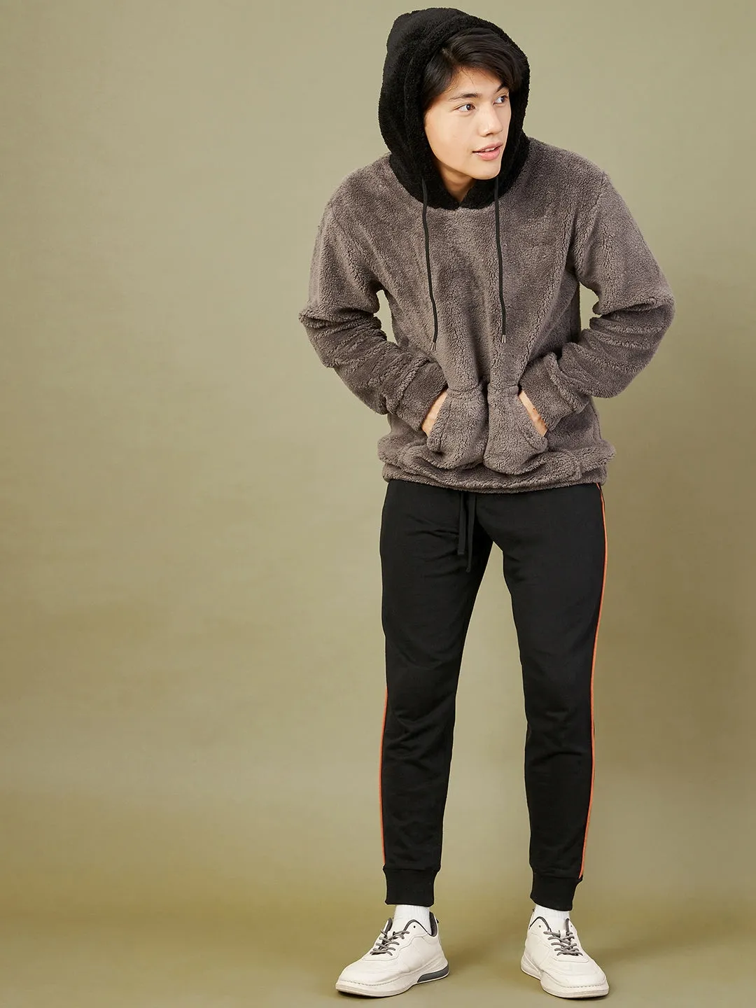 Men Charcoal Grey Fur Colorblock Hoodie