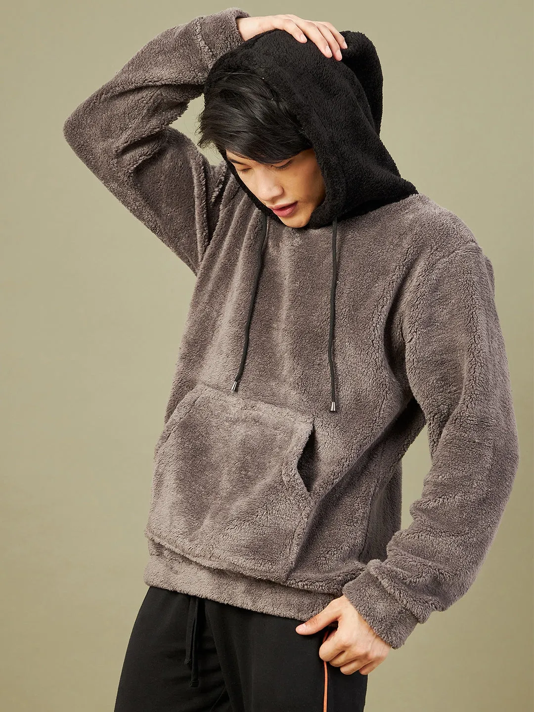 Men Charcoal Grey Fur Colorblock Hoodie