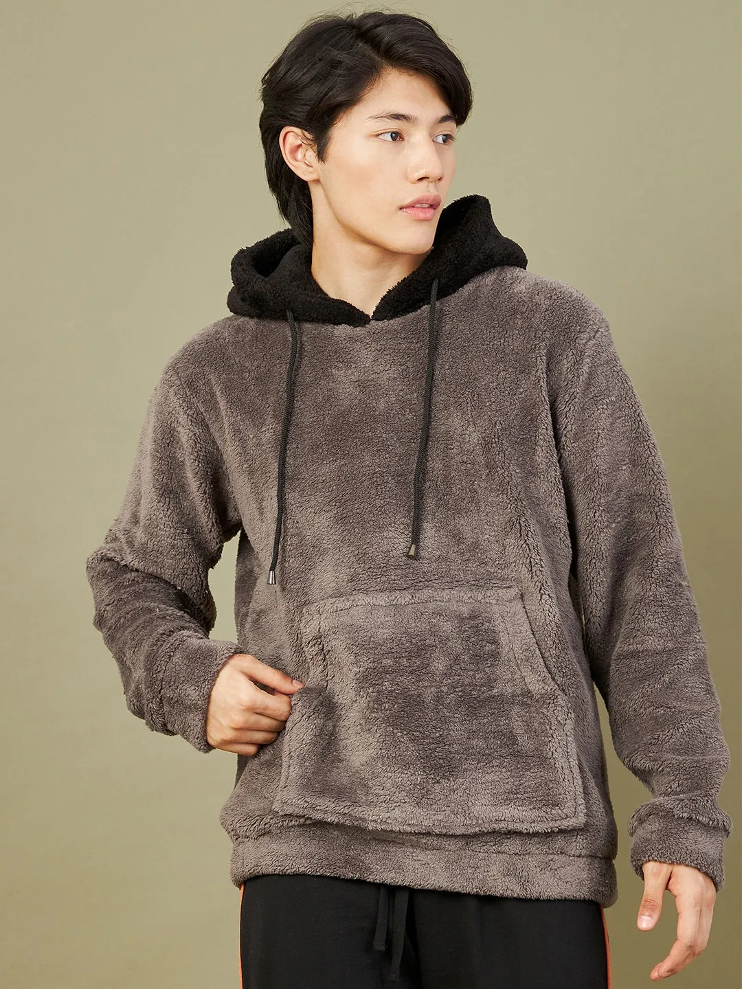 Men Charcoal Grey Fur Colorblock Hoodie