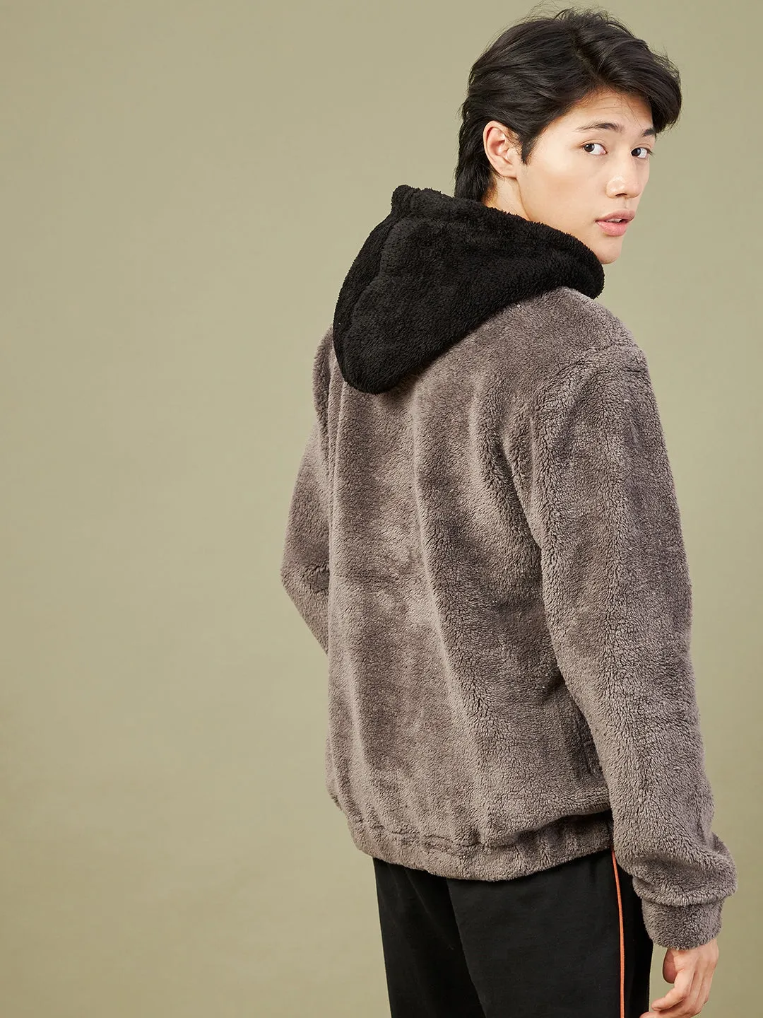 Men Charcoal Grey Fur Colorblock Hoodie