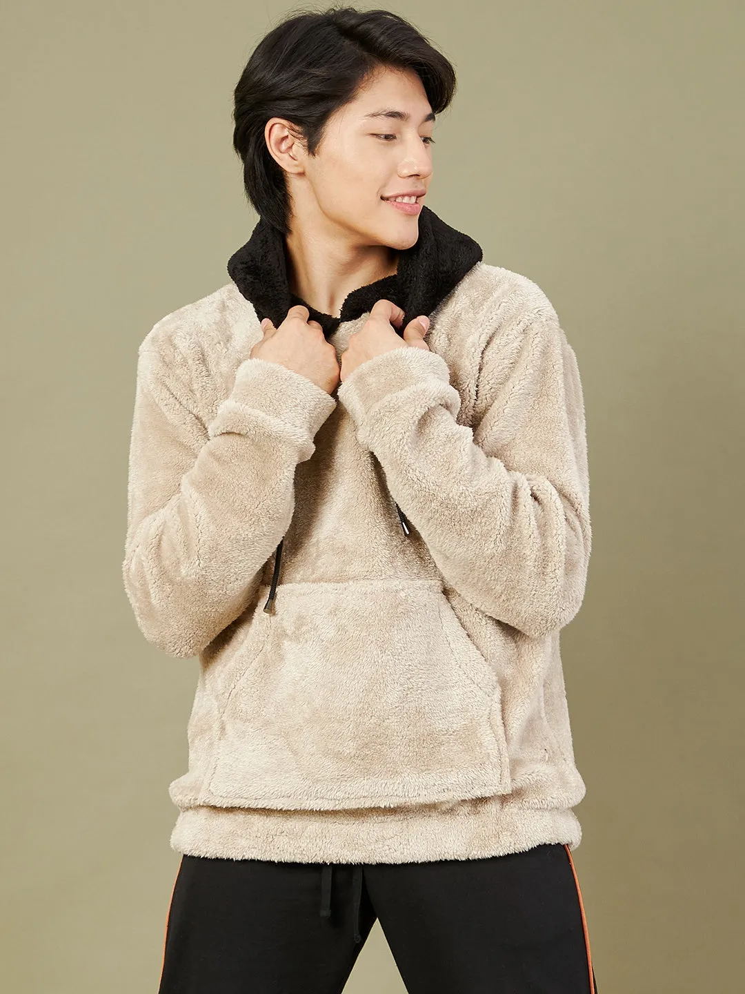 Men Light Grey Fur Colorblock Hoodie