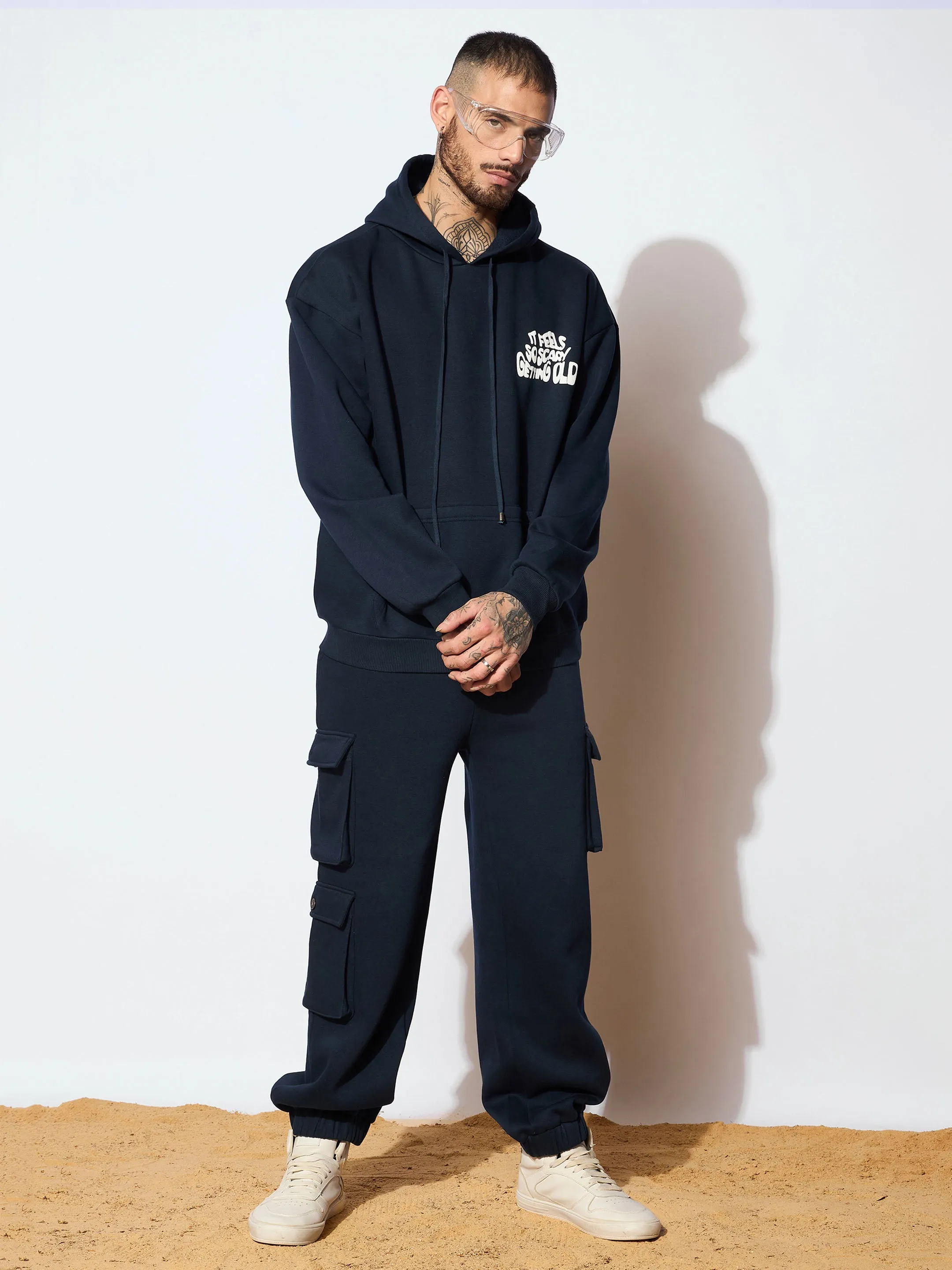 Men Navy GETTING OLD Oversized Hoodie with Cargo Joggers