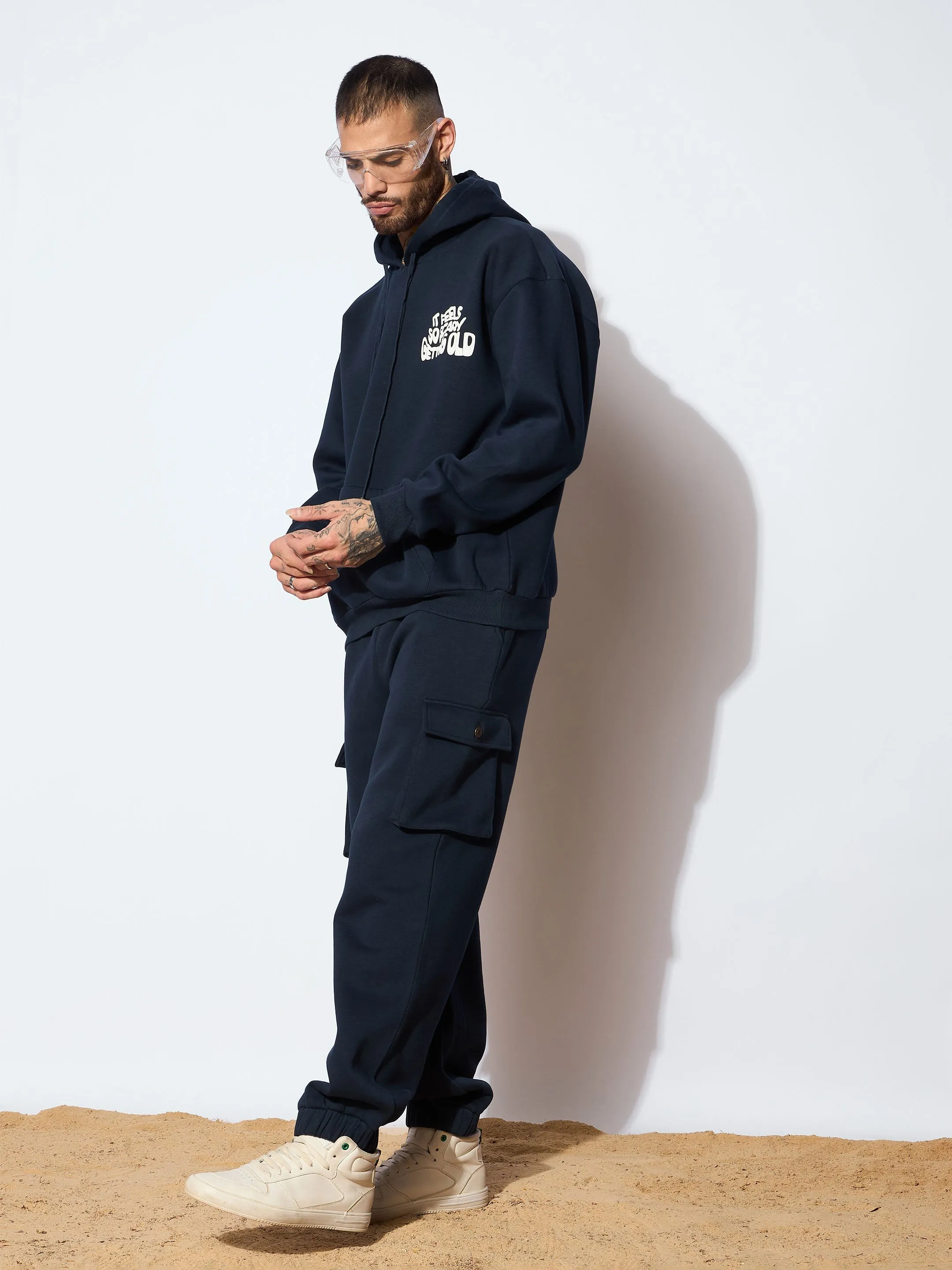 Men Navy GETTING OLD Oversized Hoodie with Cargo Joggers