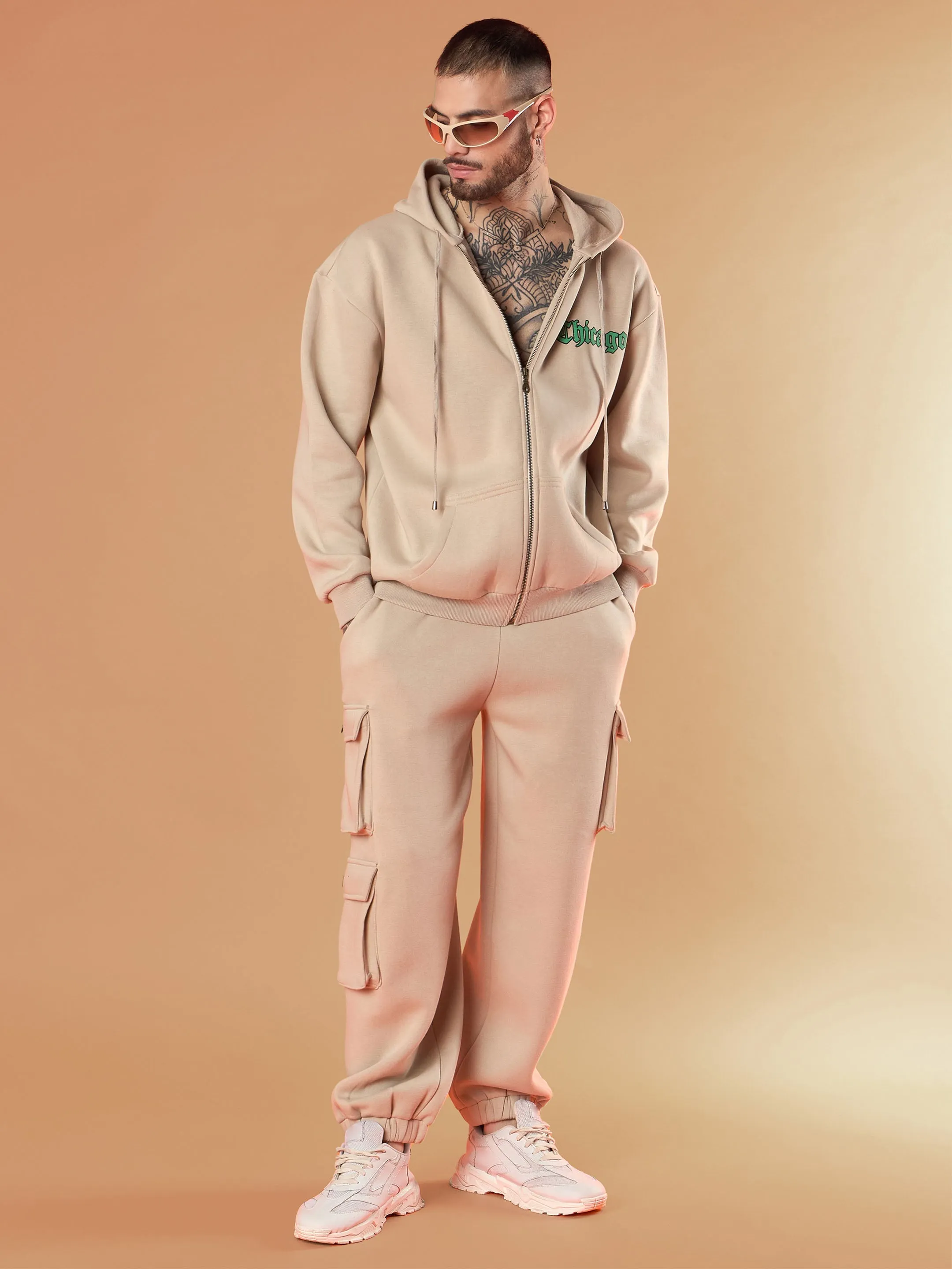 Men Taupe CHICAGO Oversized Zipper Hoodie with Joggers