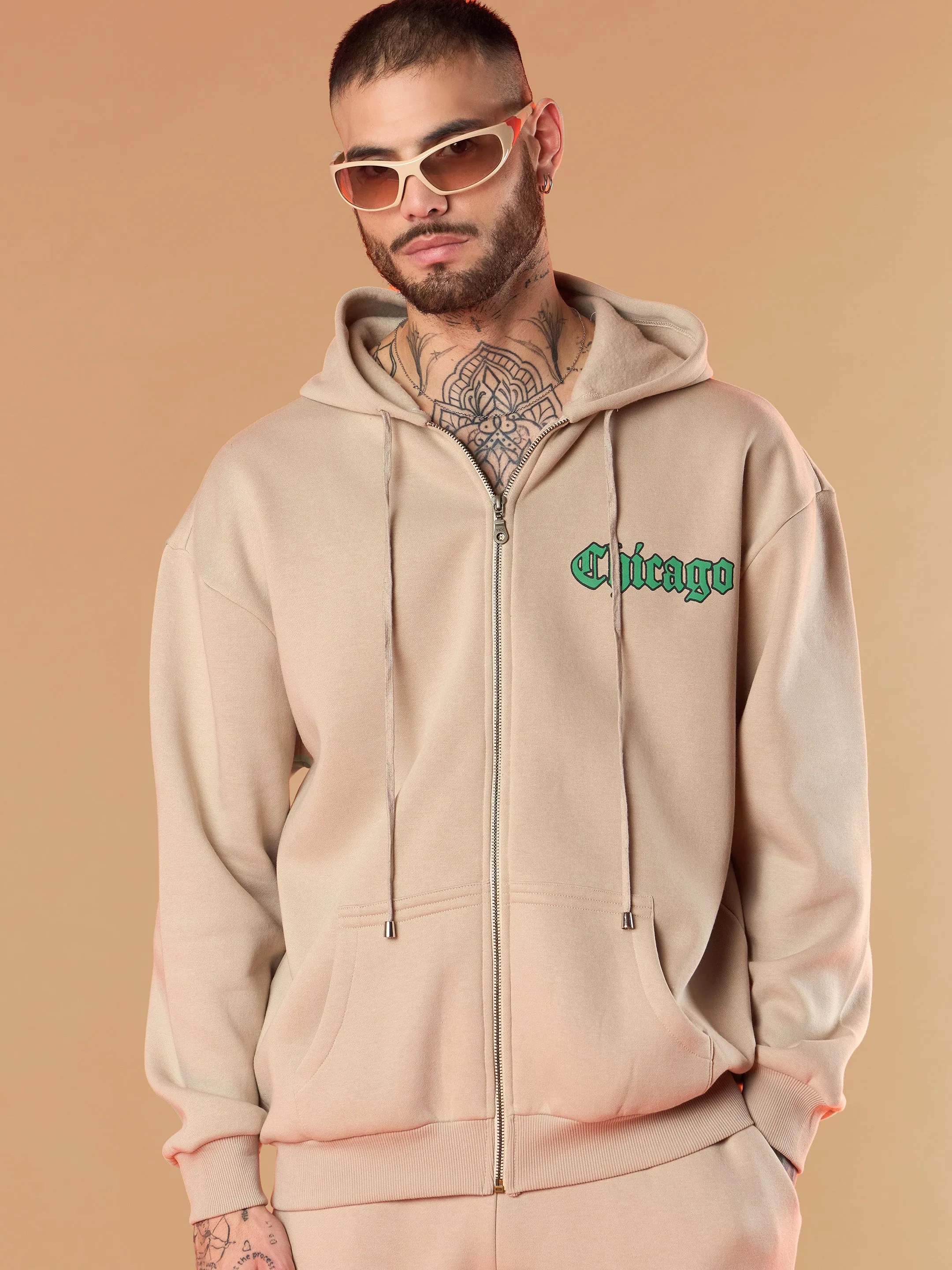 Men Taupe CHICAGO Oversized Zipper Hoodie with Joggers