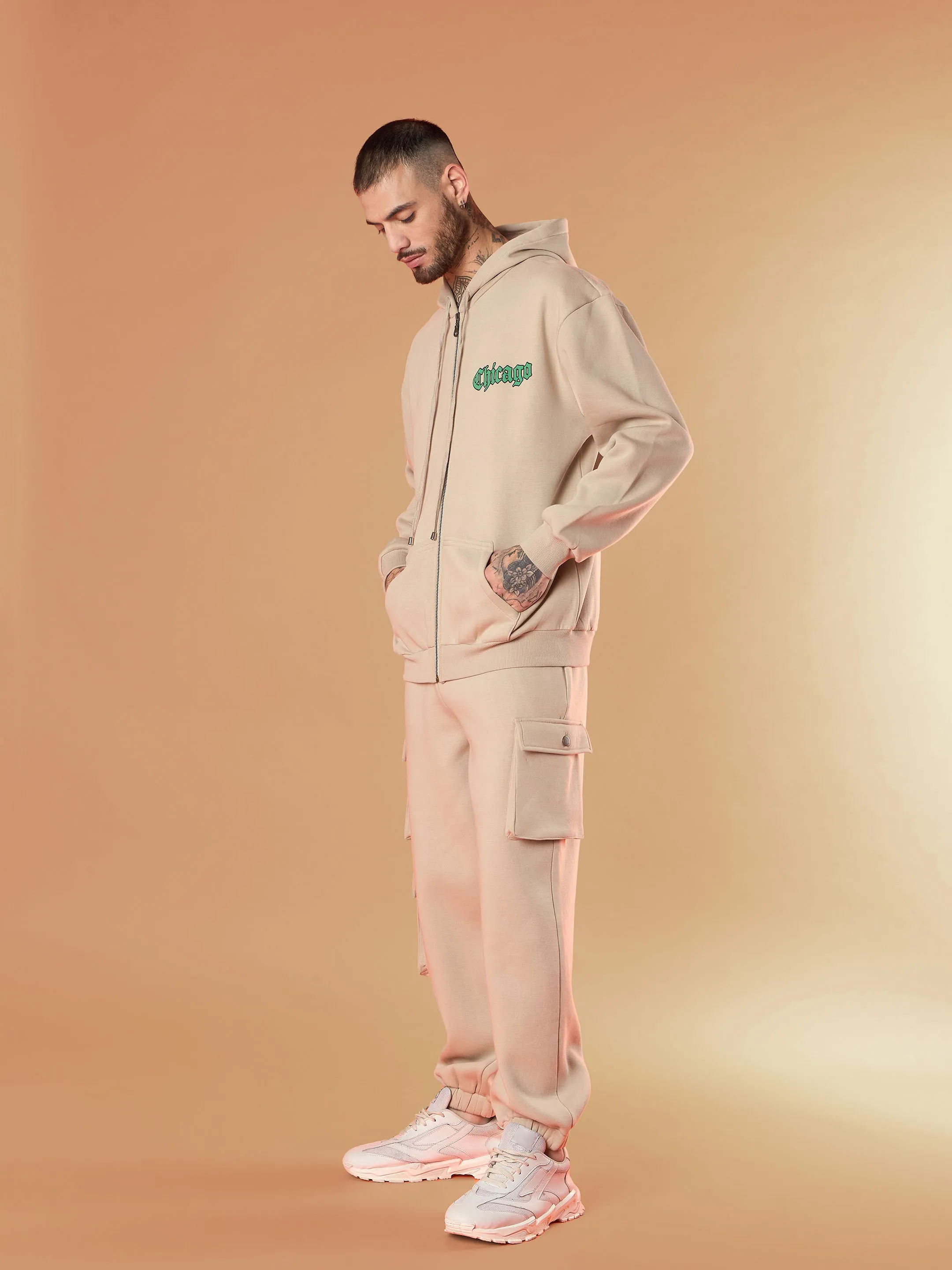 Men Taupe CHICAGO Oversized Zipper Hoodie with Joggers