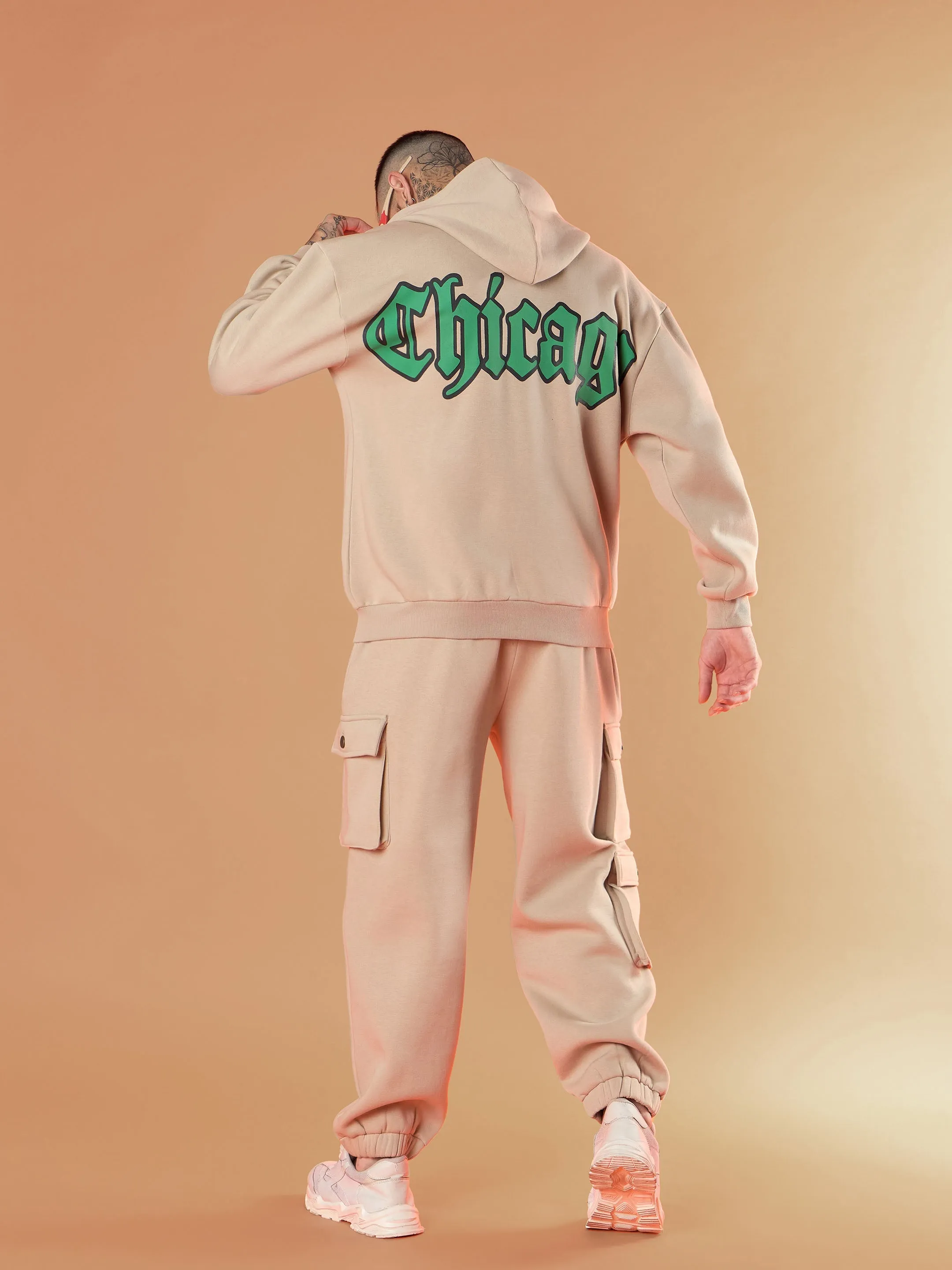 Men Taupe CHICAGO Oversized Zipper Hoodie with Joggers