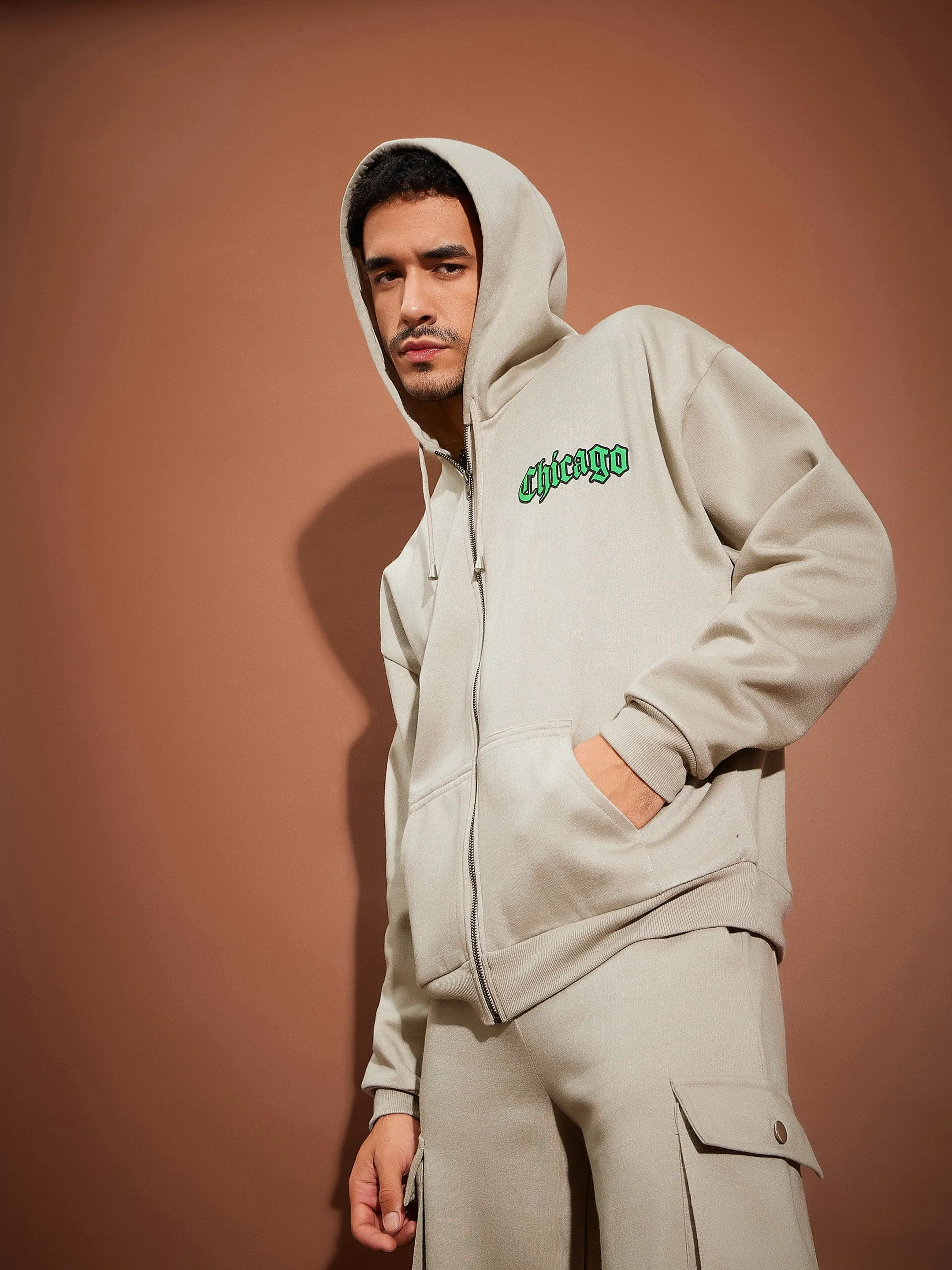 Men Taupe CHICAGO Oversized Zipper Hoodie