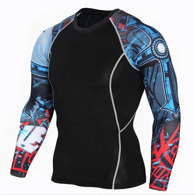 Men's 3D Print Long Sleeves Skin Tight Thermal Compression Fitness T-Shirt