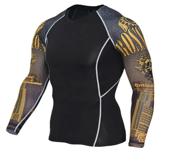 Men's 3D Print Long Sleeves Skin Tight Thermal Compression Fitness T-Shirt