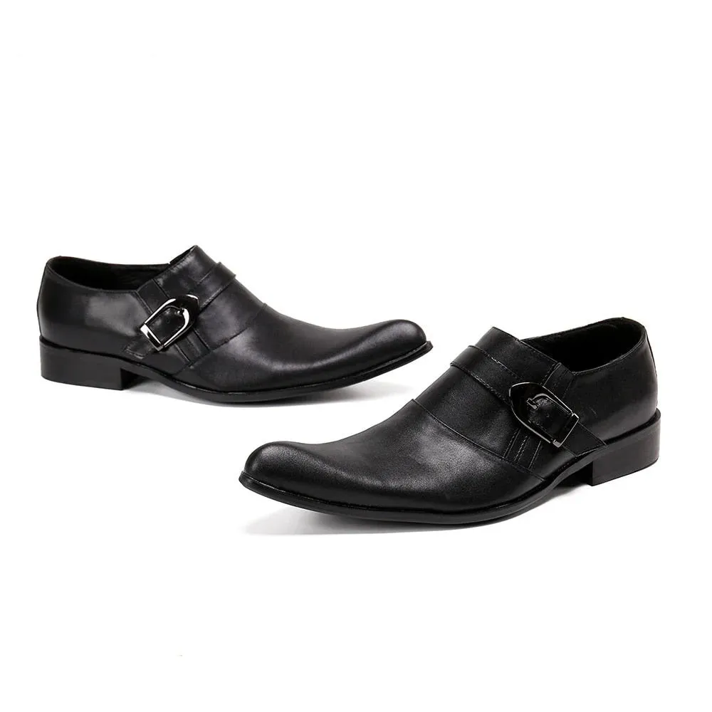 Men's Black Genuine Leather Pointed Toe Buckle Strap Dress Shoes