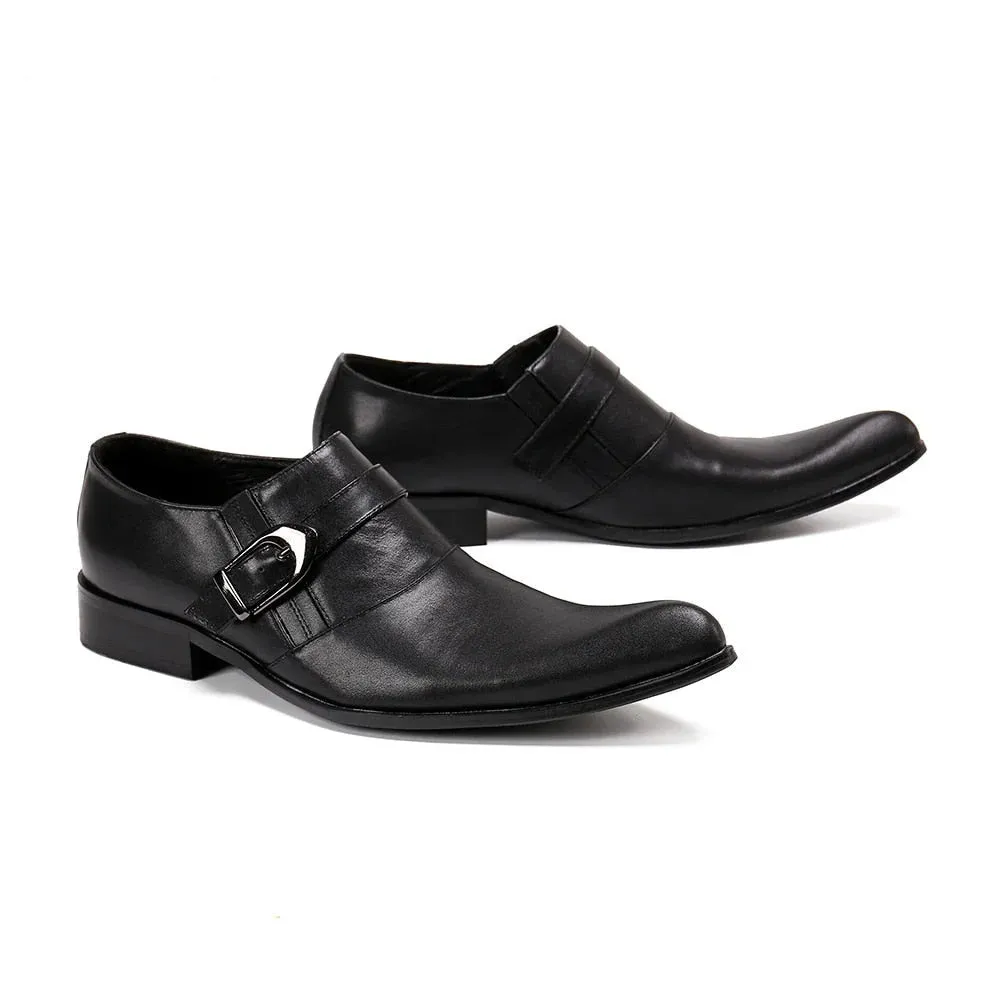 Men's Black Genuine Leather Pointed Toe Buckle Strap Dress Shoes