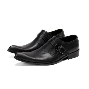 Men's Black Genuine Leather Pointed Toe Buckle Strap Dress Shoes