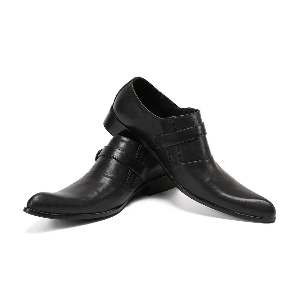 Men's Black Genuine Leather Pointed Toe Buckle Strap Dress Shoes