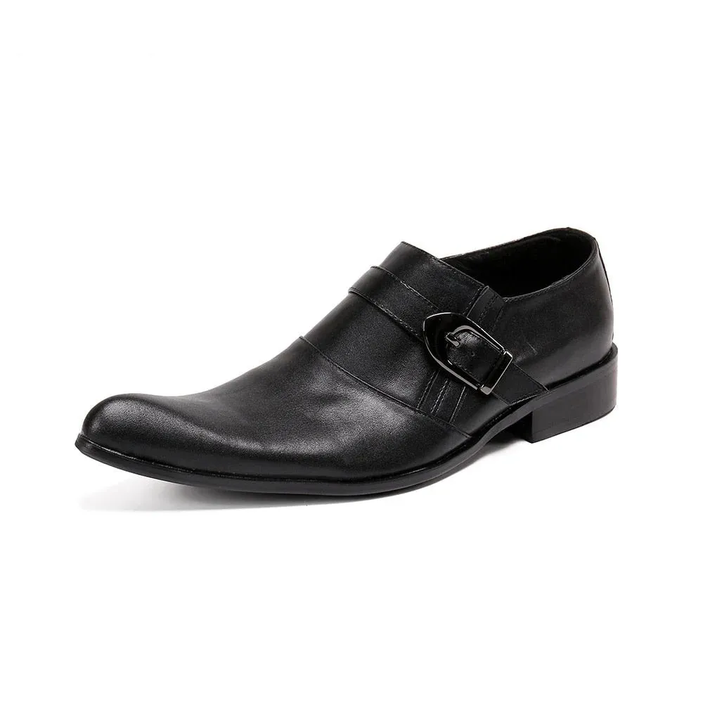 Men's Black Genuine Leather Pointed Toe Buckle Strap Dress Shoes