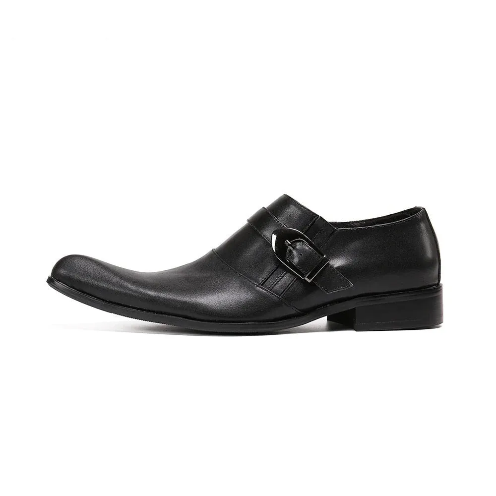 Men's Black Genuine Leather Pointed Toe Buckle Strap Dress Shoes