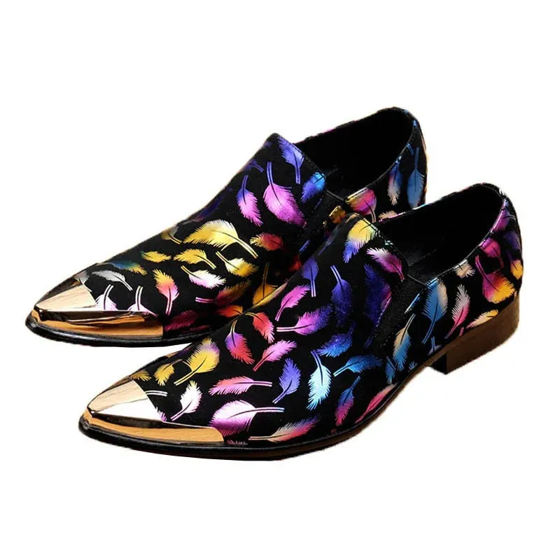 Men's Feather Printed Pattern Metal Toe Slip-On Partywear Dress Shoes