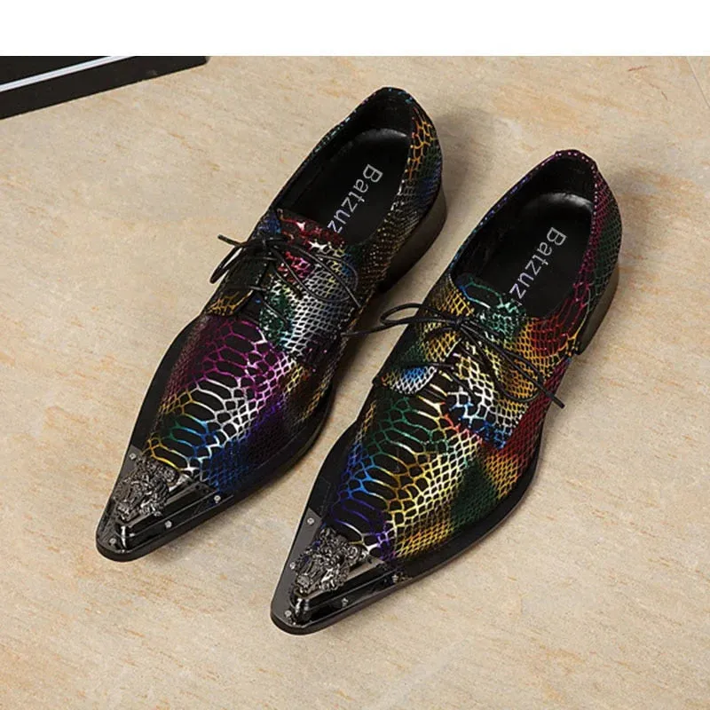 Men's Feather Printed Pattern Metal Toe Slip-On Partywear Dress Shoes