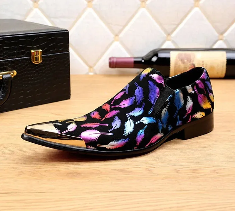 Men's Feather Printed Pattern Metal Toe Slip-On Partywear Dress Shoes