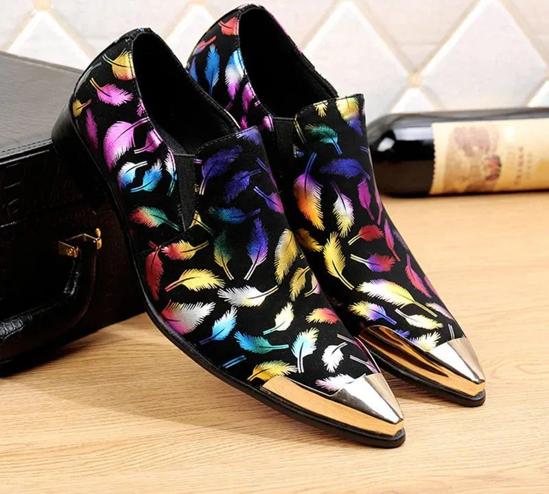 Men's Feather Printed Pattern Metal Toe Slip-On Partywear Dress Shoes