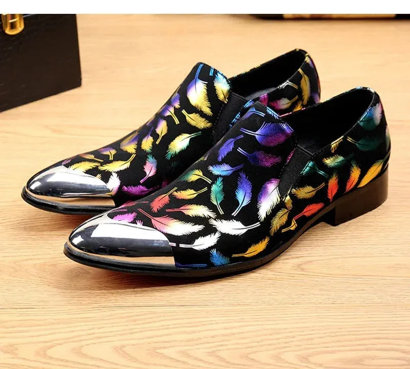 Men's Feather Printed Pattern Metal Toe Slip-On Partywear Dress Shoes