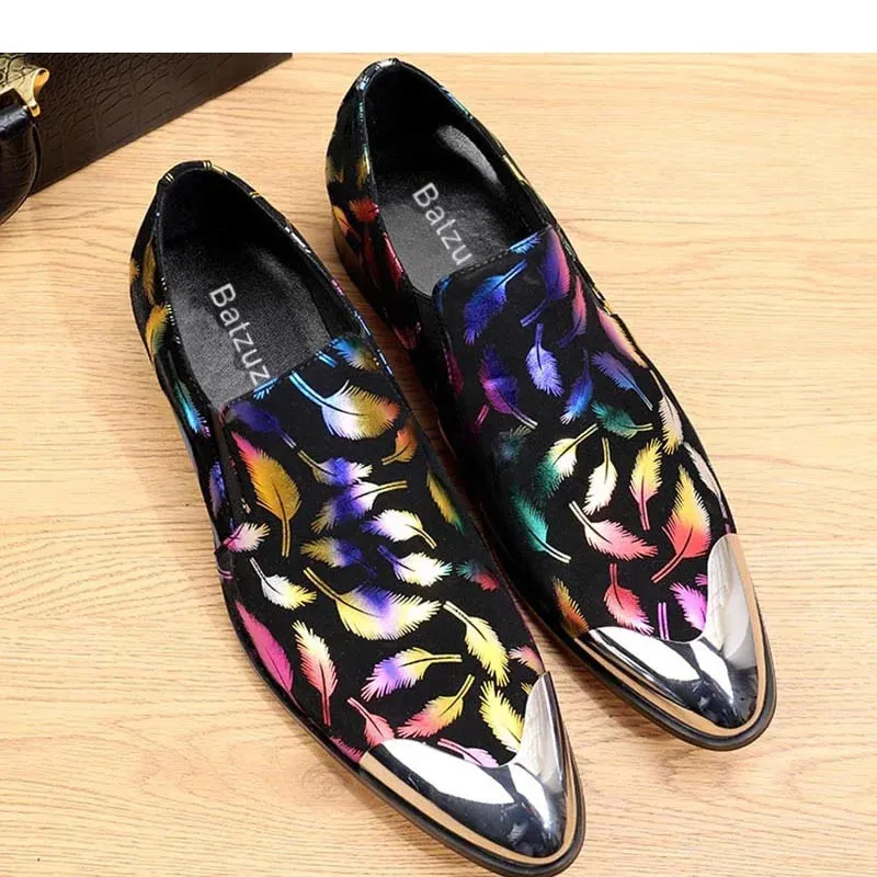 Men's Feather Printed Pattern Metal Toe Slip-On Partywear Dress Shoes