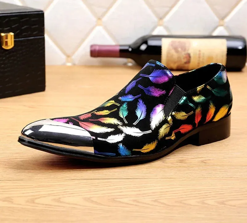 Men's Feather Printed Pattern Metal Toe Slip-On Partywear Dress Shoes