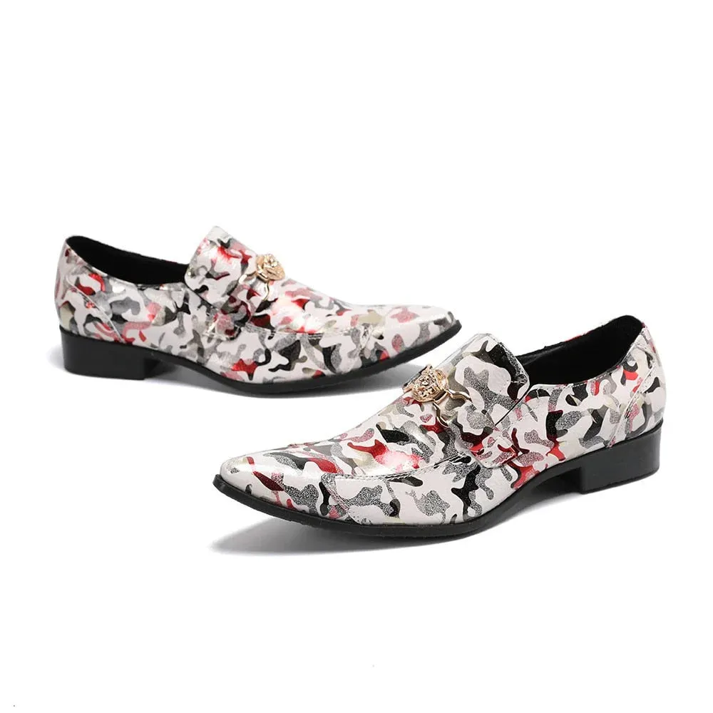 Men's Genuine Leather Pointed Toe Slip-on Printed Party Dress Shoes