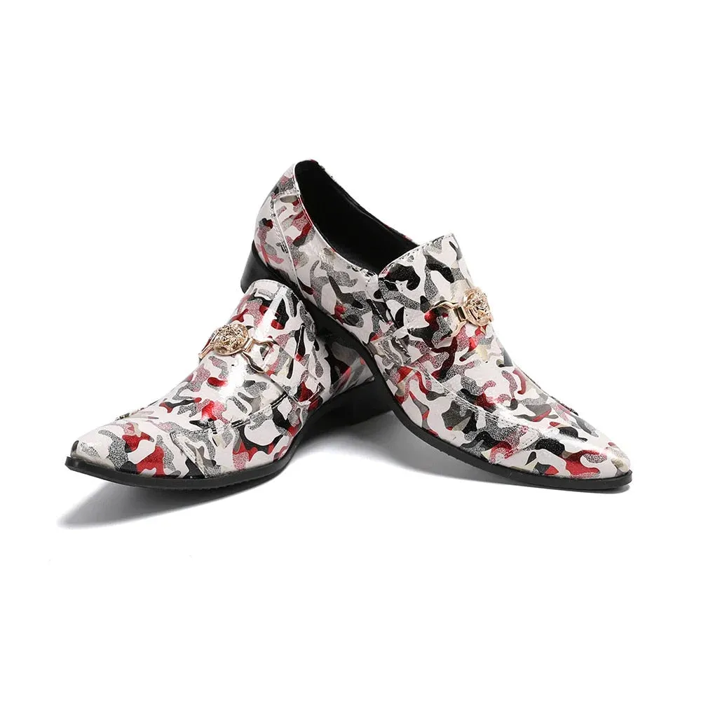 Men's Genuine Leather Pointed Toe Slip-on Printed Party Dress Shoes