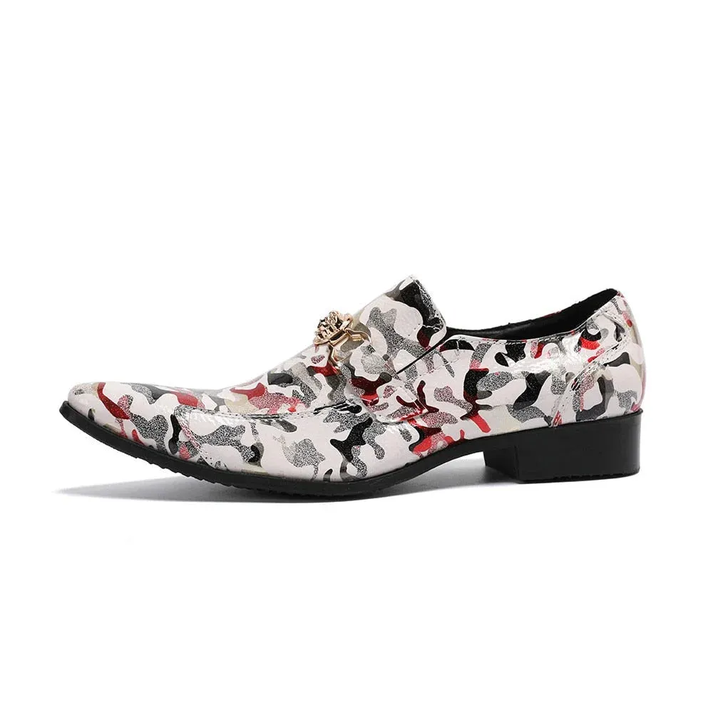 Men's Genuine Leather Pointed Toe Slip-on Printed Party Dress Shoes