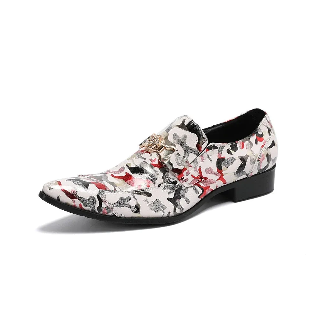 Men's Genuine Leather Pointed Toe Slip-on Printed Party Dress Shoes