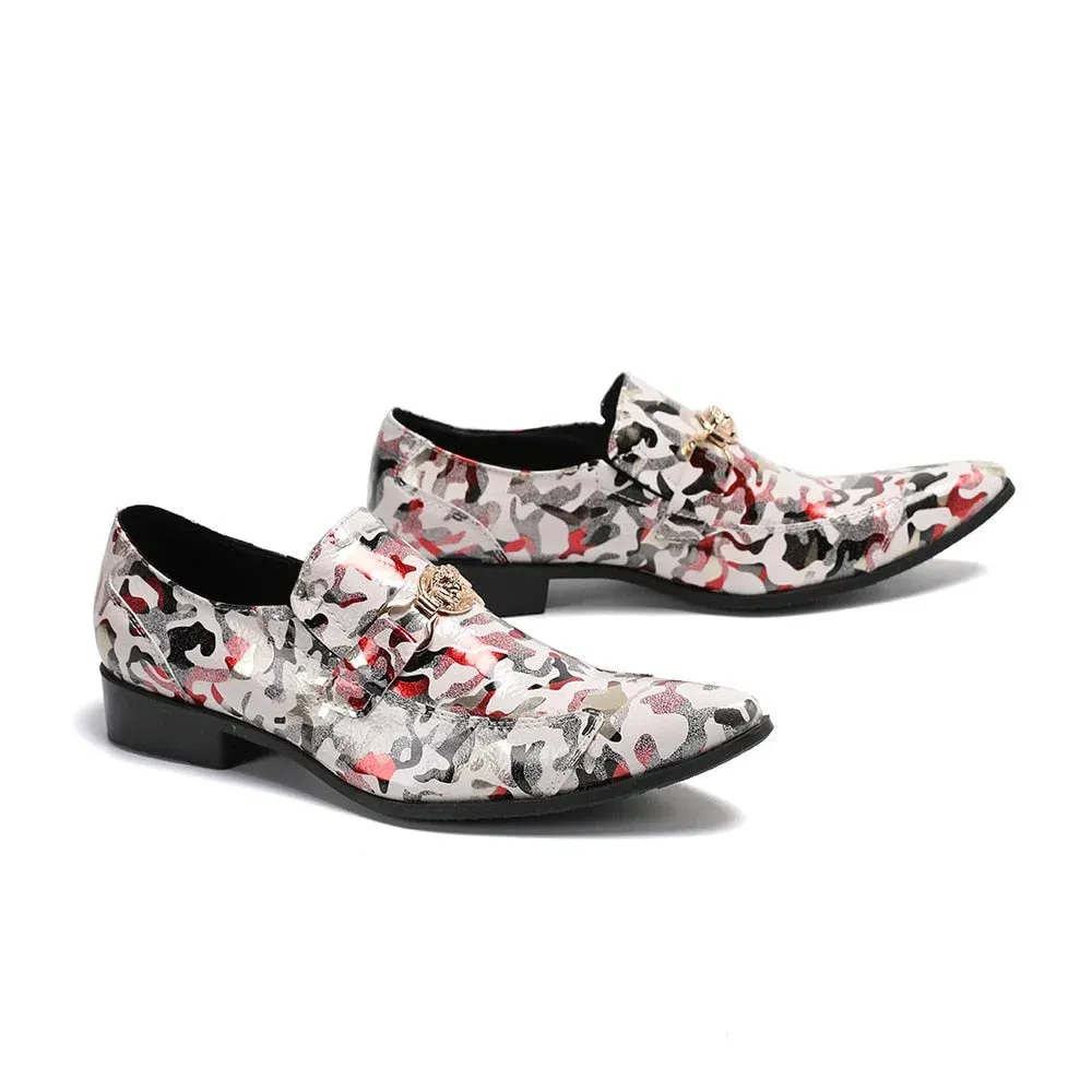 Men's Genuine Leather Pointed Toe Slip-on Printed Party Dress Shoes